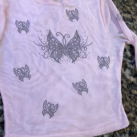 Dolls Kill Pink Butterfly Mesh Long Sleeve Crop Top - Picture 3 of 7